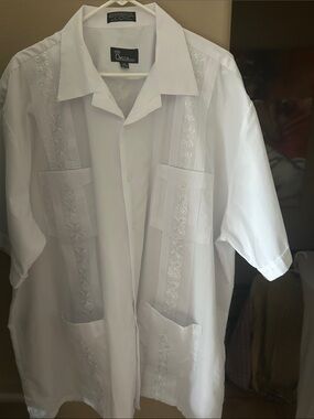 Omega White Embroidered Short-Sleeve Guayabera Shirt